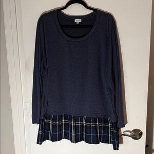 Avenue Navy Blue Patchwork Plaid Contrast Hem Crew Neck Long Sleeve top